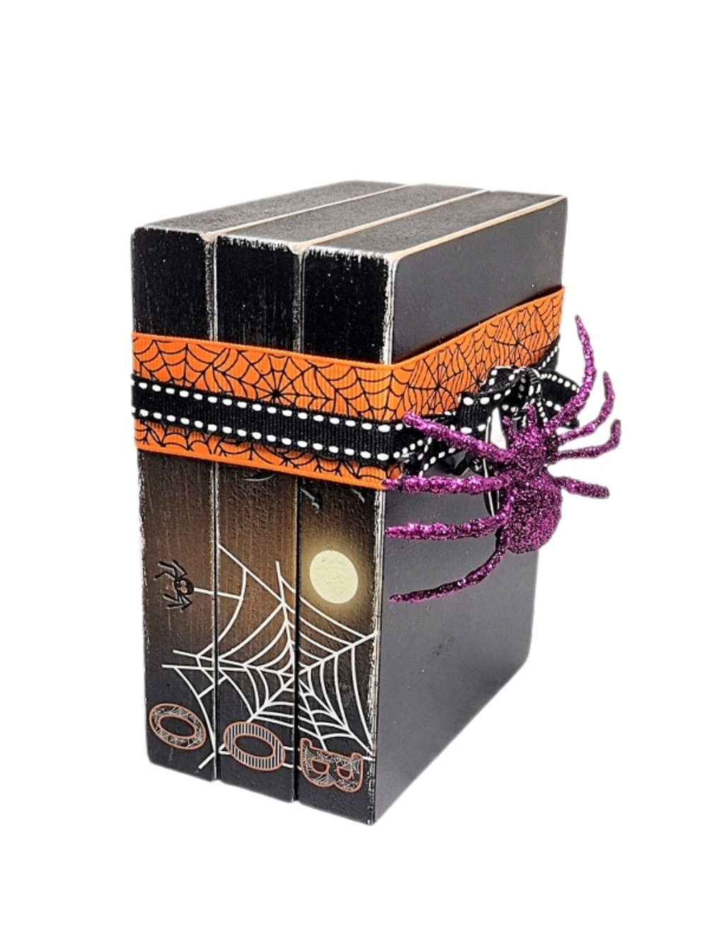 🖤 Black Orange Wooden Block Glitter Spider Book Sign Halloween Goth Decor